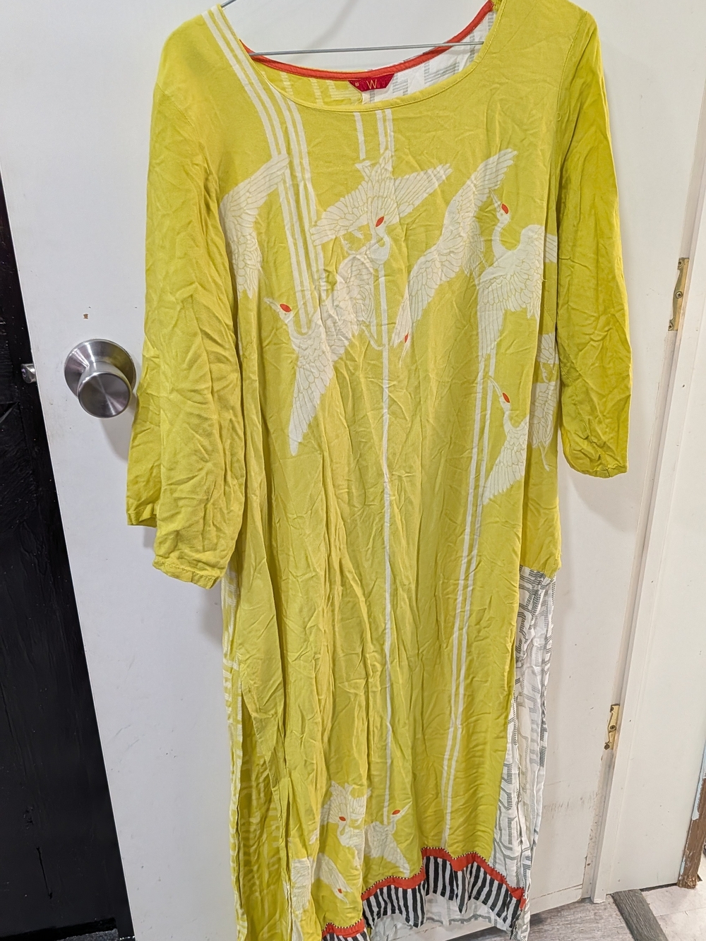 W for Women Lime Yellow Crane Print Maxi Kurta